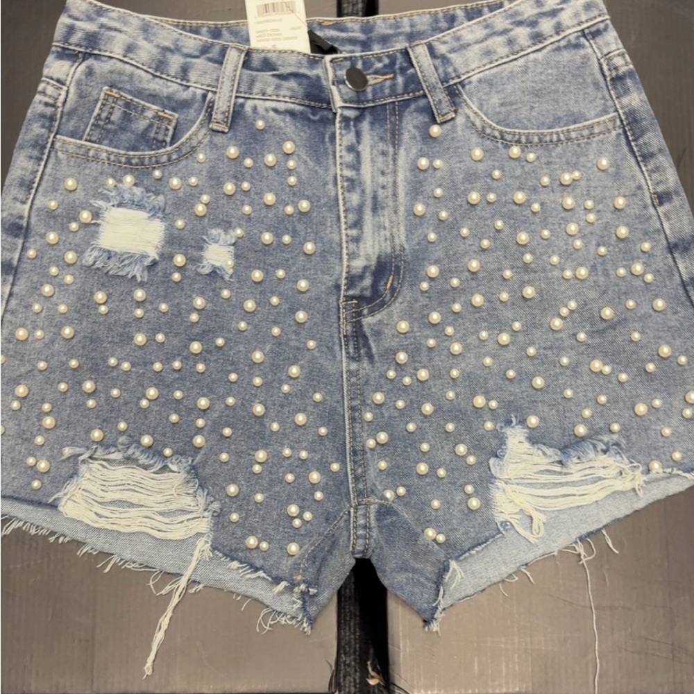 Windsor Light Blue Pearl Studded Jean Shorts
